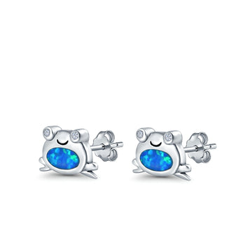 Frog Stud Earrings Lab Created Blue Opal 925 Sterling Silver (6mm)